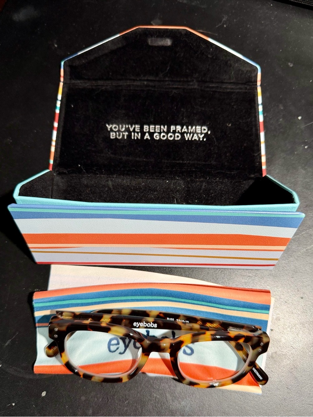 Eyebobs Biff (narrow) Tortoise Reading Glasses 1.5, Striped Folding Case & cloth